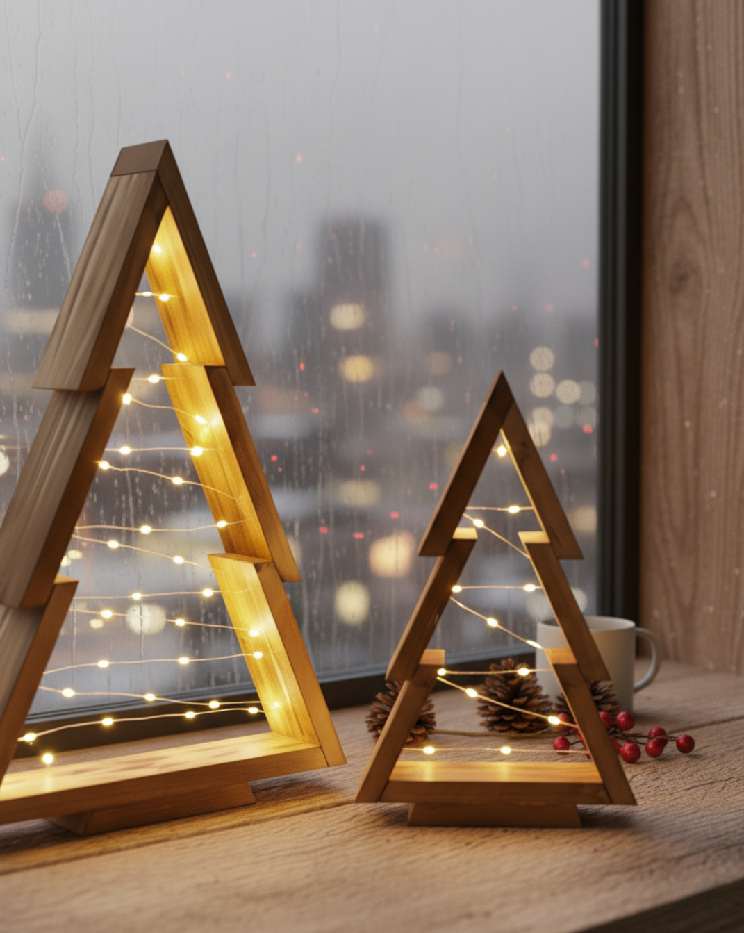 Minimalistische houten kerstboom set - ingebouwde LED-verlichting