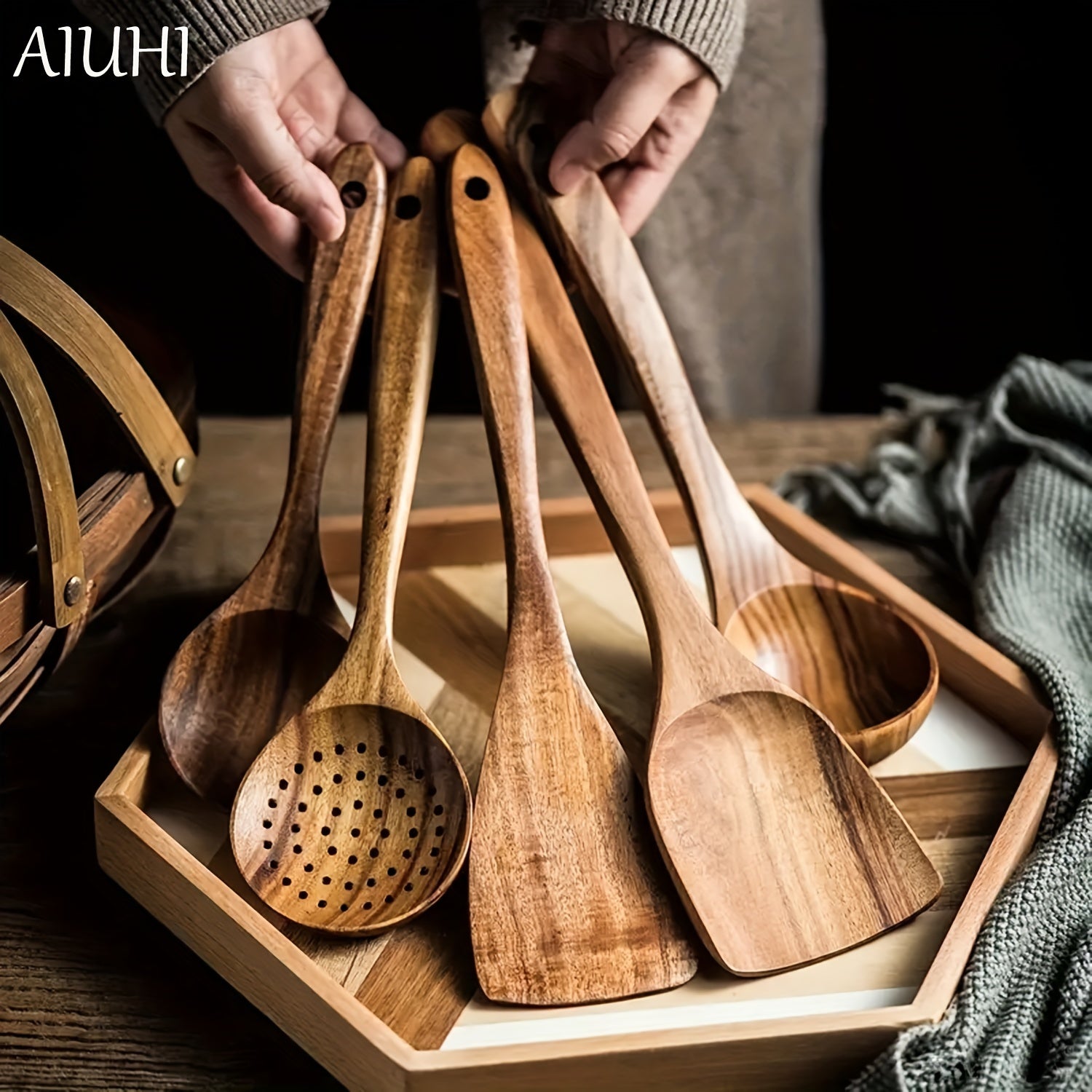 5-delige Houten Keukengerei Set voor Anti-aanbakpannen – Natuurlijke Lepels en Spurtles