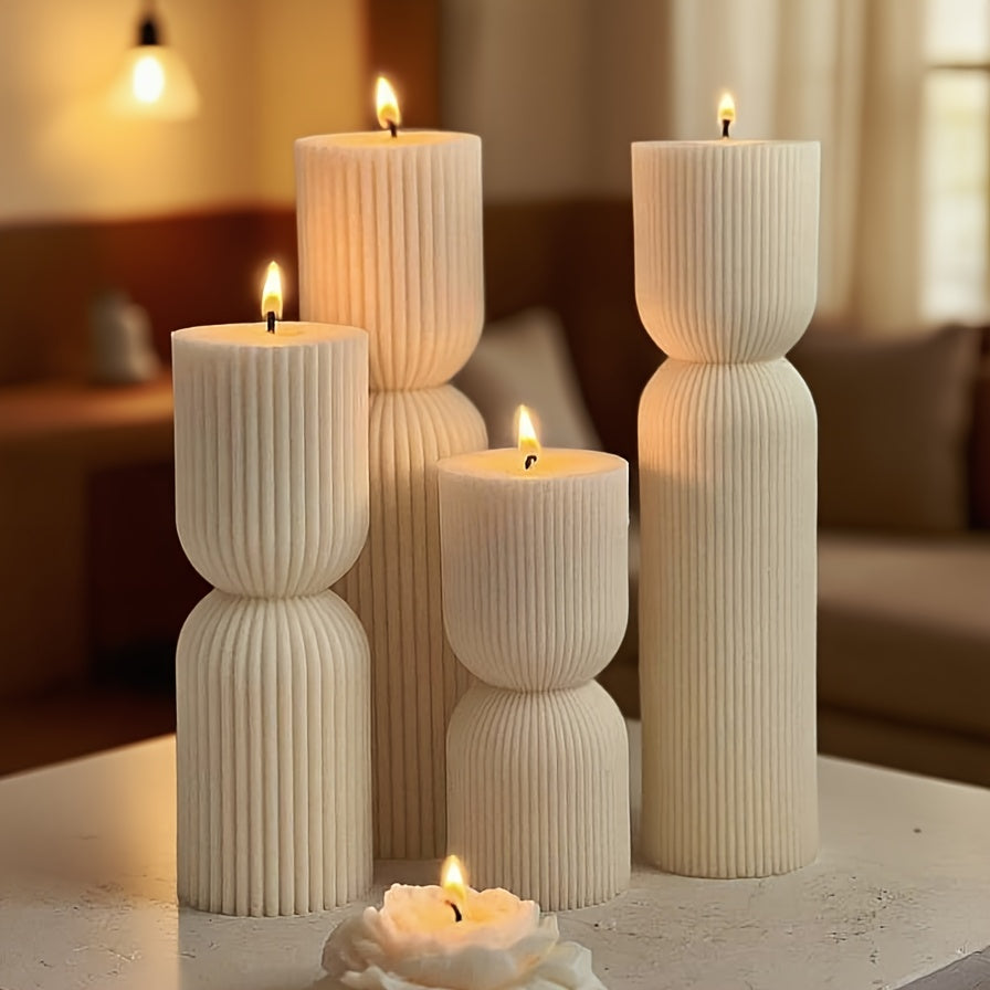 Moderne Verticale Streep Getextureerde Kaarsen - Bijenwas/Sojawas, Brandtijd van 4-8 Uur, Geen Elektriciteit Nodig, Perfect voor Huisdecoratie, Feesten en Feestdagen (Kerstmis, Valentijnsdag, Verjaardagen), Feestelijke Decoratiekaarsen | Verticale Streep