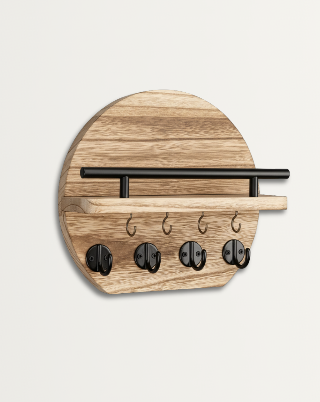 Houten Sleutelhoofd met Plank en 8 Haken - Rustieke Muurorganizer voor Sleutels en Accessoires