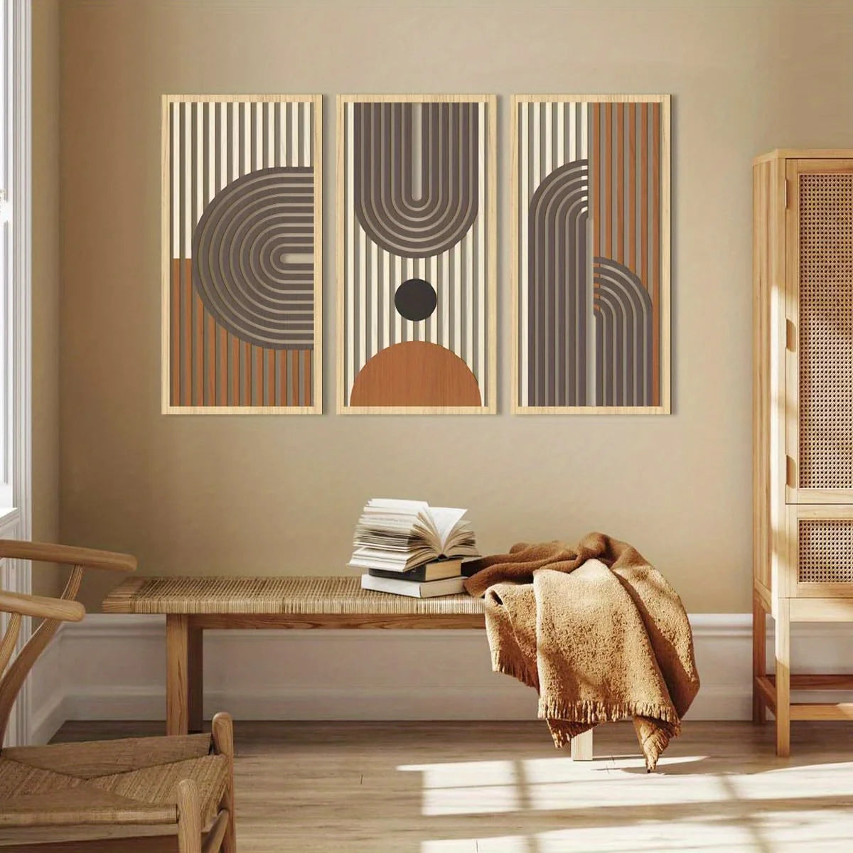 3-delige Houten Wanddecoratie - Abstracte Geometrische Sculpturen