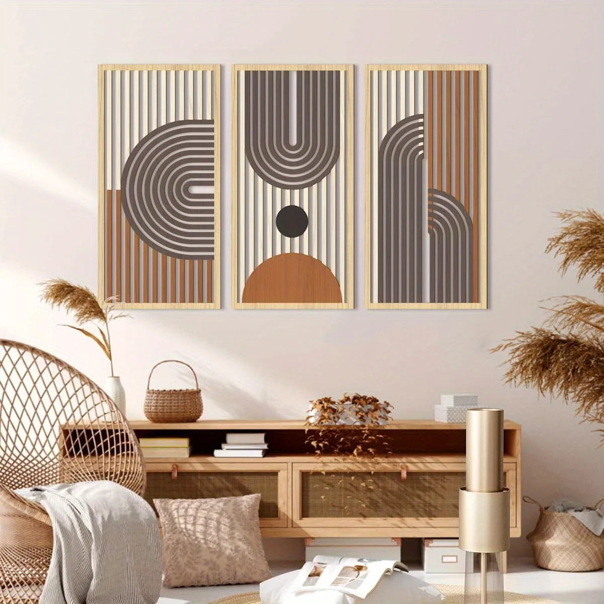 3-delige Houten Wanddecoratie - Abstracte Geometrische Sculpturen