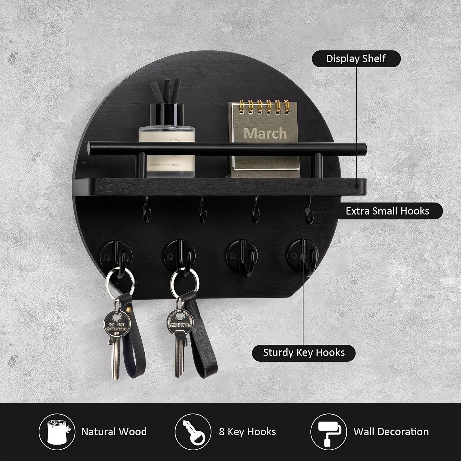 Houten Sleutelhoofd met Plank en 8 Haken - Rustieke Muurorganizer voor Sleutels en Accessoires
