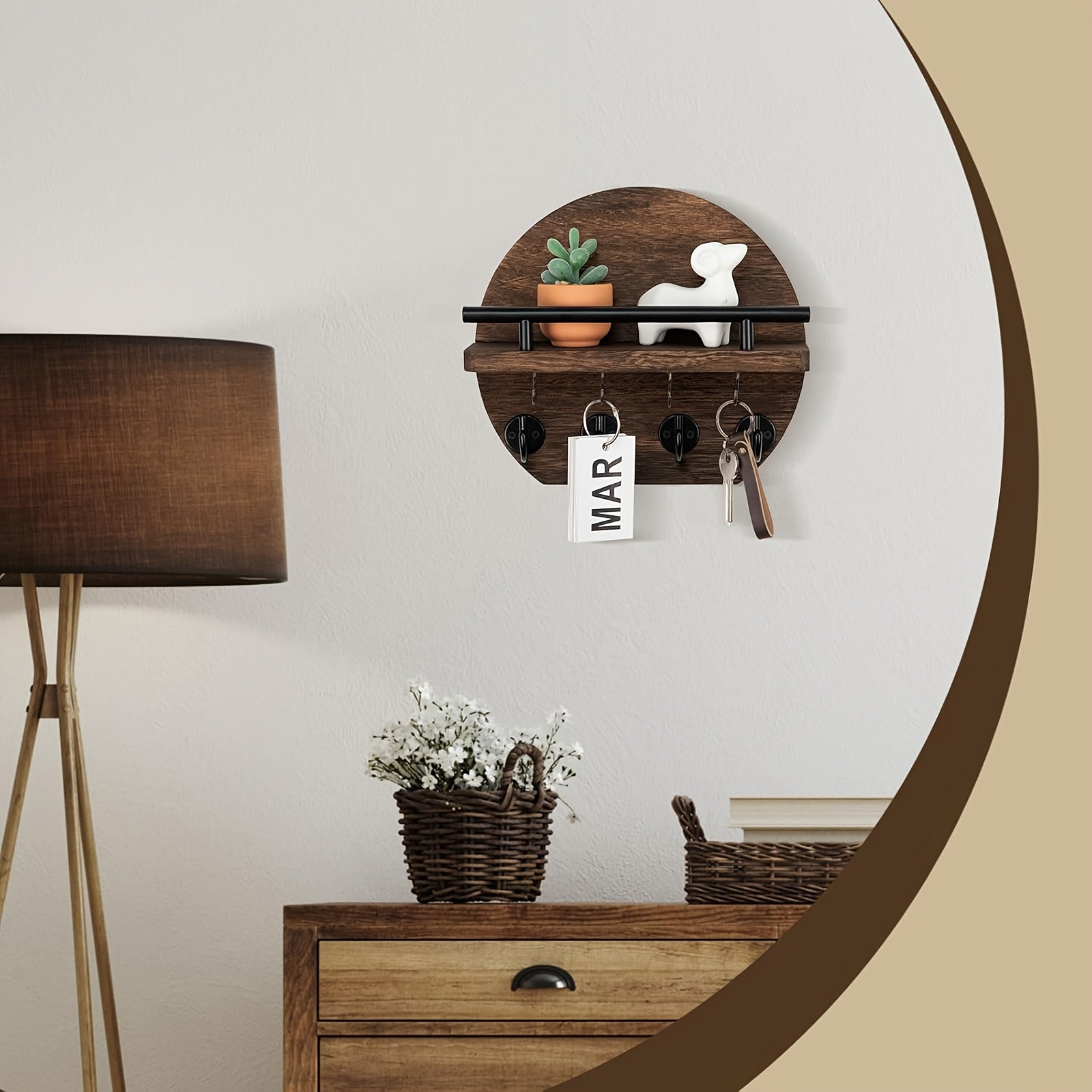 Houten Sleutelhoofd met Plank en 8 Haken - Rustieke Muurorganizer voor Sleutels en Accessoires