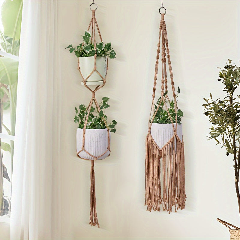 Handgeweven Macramé Plantenhangers Set van 5 – Boheemse Stijl voor Binnen en Buiten met Kwastdecoratie