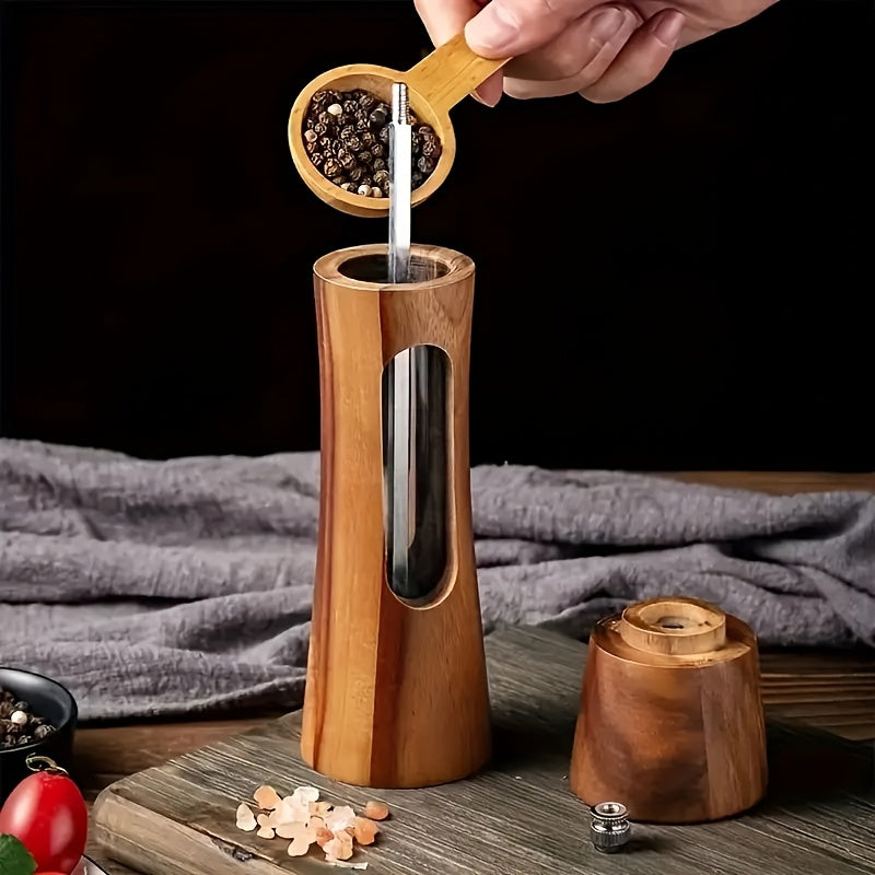 Houten Peper en Zout Molen Set – Handmatige Keuken Molens met Gratis Basis, Lepel en Borstel