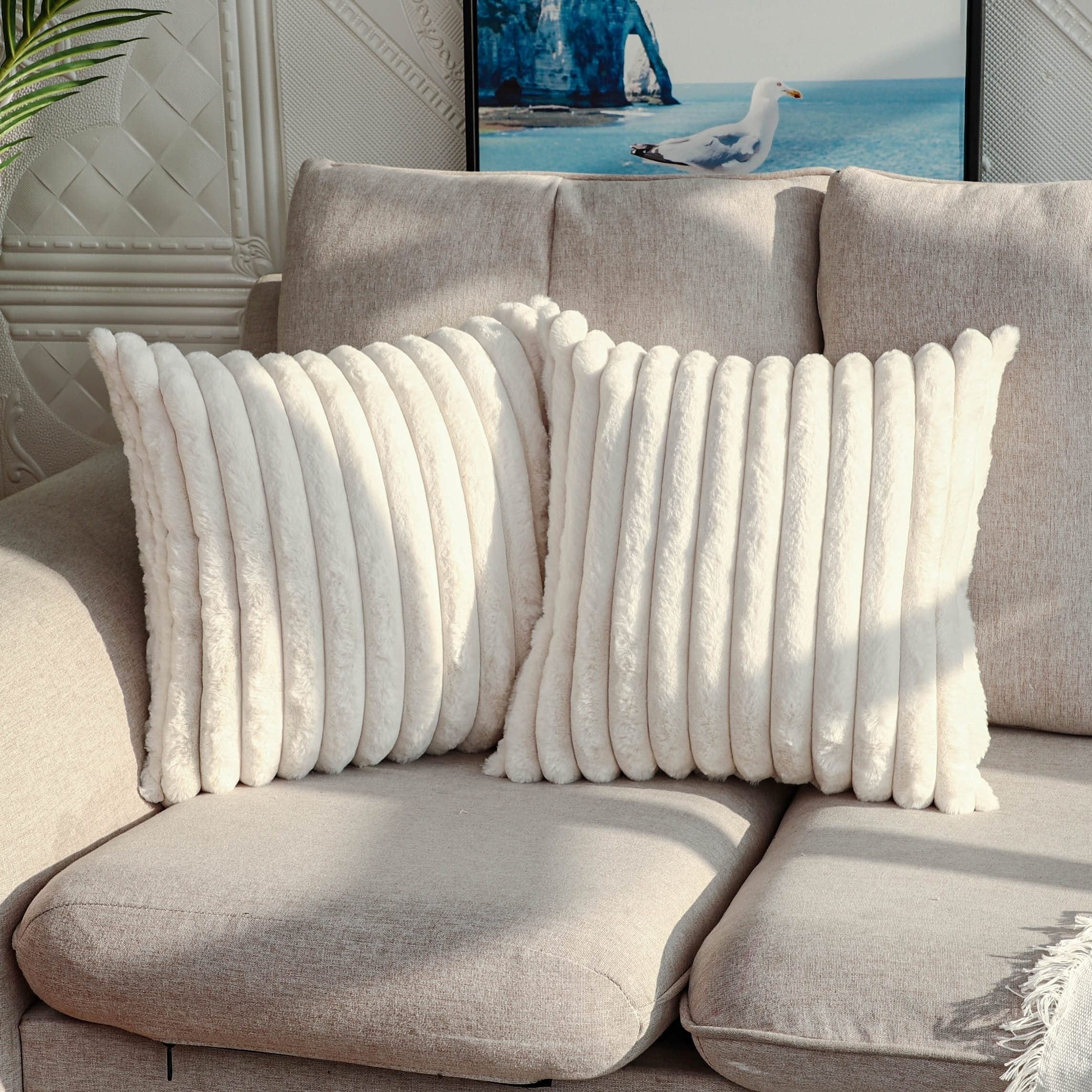Set van 2 Zachte Decoratieve Kussenhoezen met Gestreept Design – Crème Wit Polyester