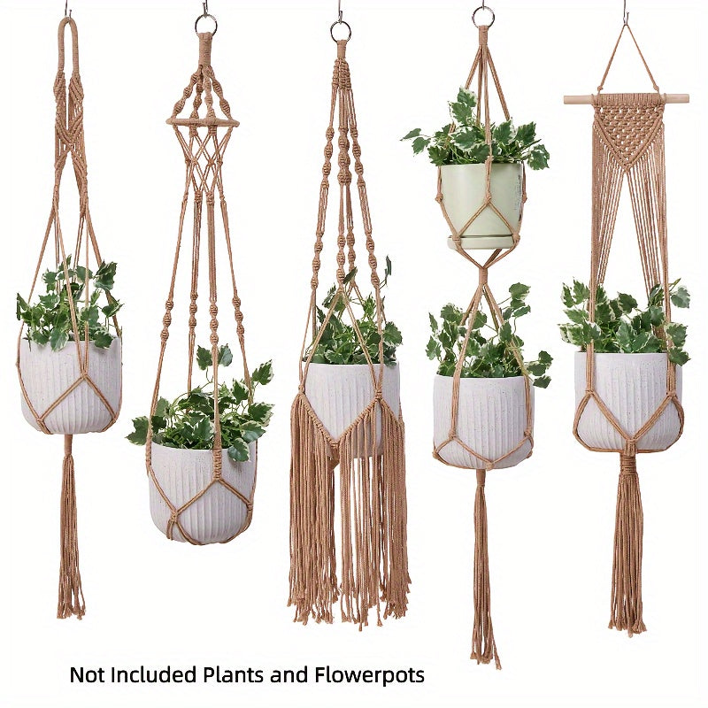 Handgeweven Macramé Plantenhangers Set van 5 – Boheemse Stijl voor Binnen en Buiten met Kwastdecoratie