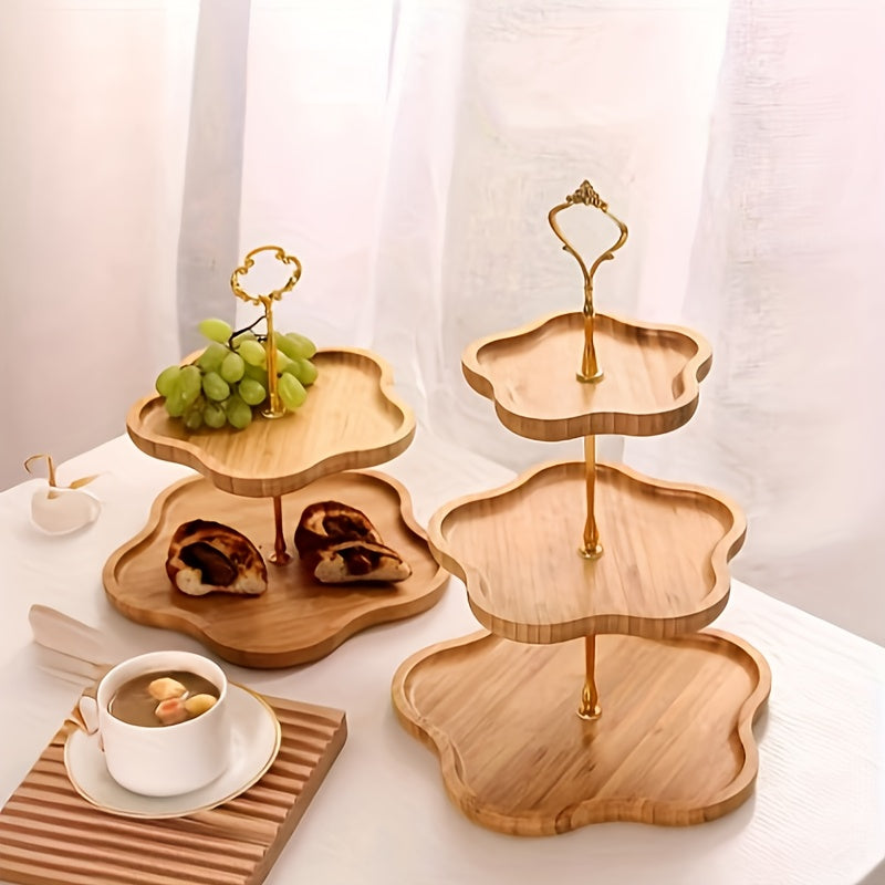 Elegante 3-Laags Houten Serveerblad met Gouden Handvatten voor Fruit en Snacks