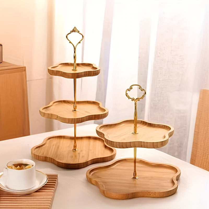 Elegante 3-Laags Houten Serveerblad met Gouden Handvatten voor Fruit en Snacks