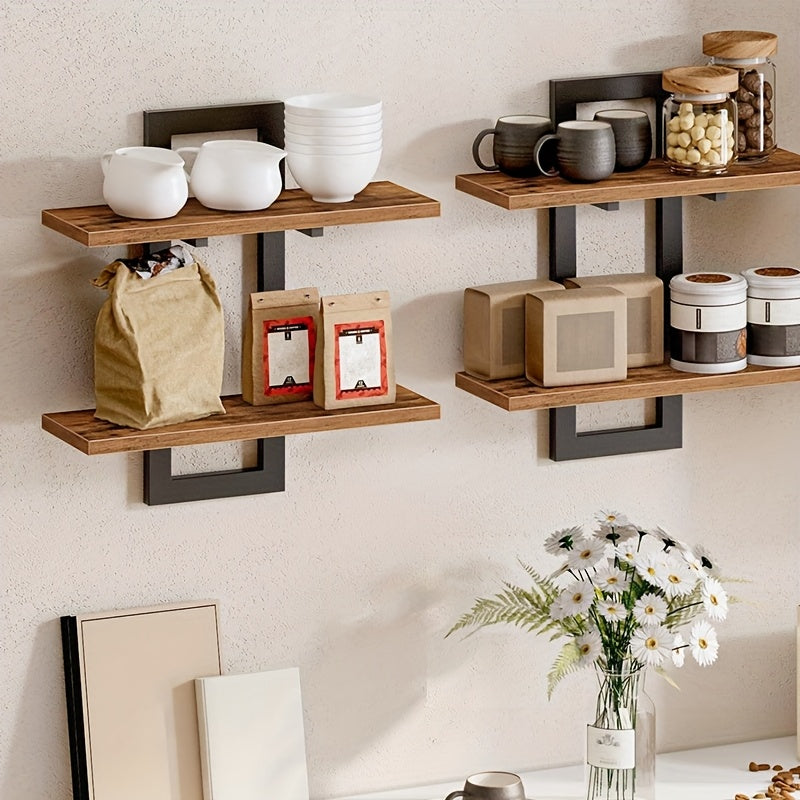 Wandgemonteerd Houten Plank met Metalen Beugels - 3-laags Open Opbergrek voor Badkamer en Keuken